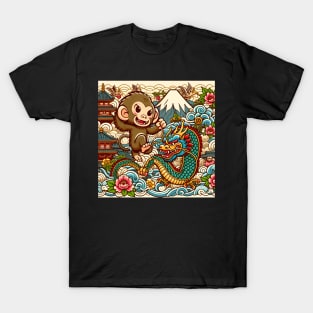 Cute Monkey and Dragon in Japan with Pagoda ,Wave, Flower and Fuji Mount T-Shirt